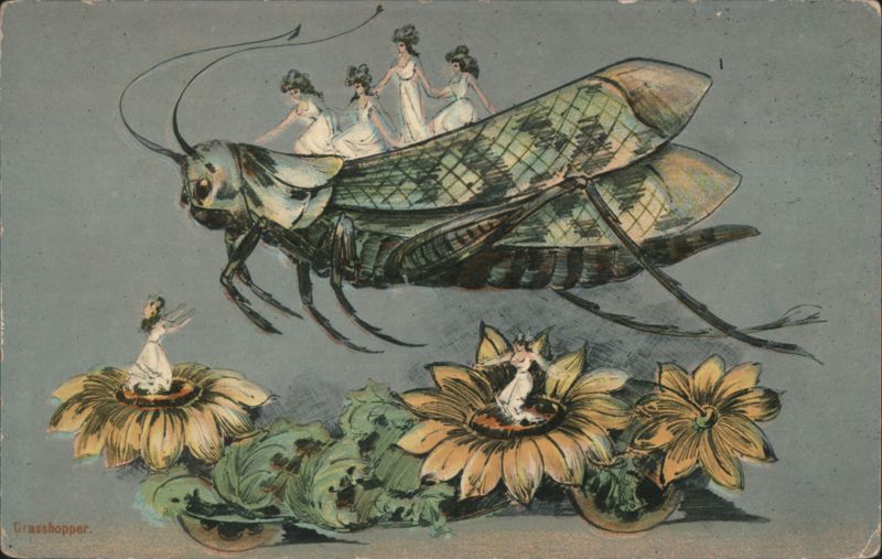 Women Riding Giant Grasshopper with Fairies on Flowers