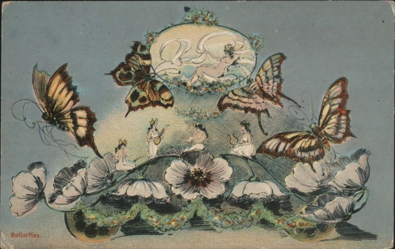 Butterflies and Fairies with Flowers, Art Nouveau Style