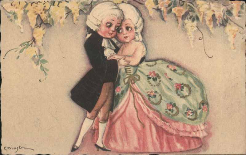 Embracing Couple in Rococo Attire, Chiostri Art Artist Signed