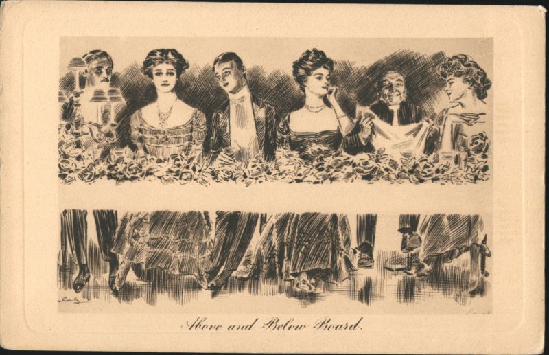 Above and Below Board with men and women in formal attire