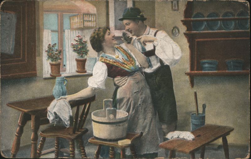Romantic Couple in Traditional European Attire in Rustic Kitchen