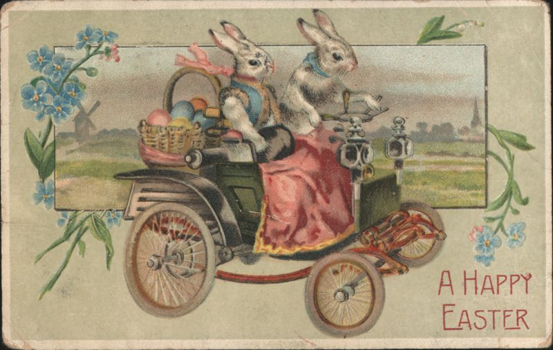 Dressed Bunnies Driving Early Automobile, A Happy Easter