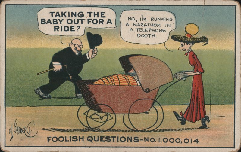 Foolish Questions Comic with Man, Woman, and Baby Carriage