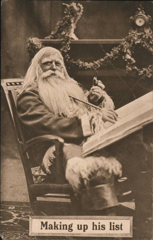 Santa Claus Making Up His List with Pipe and Pen