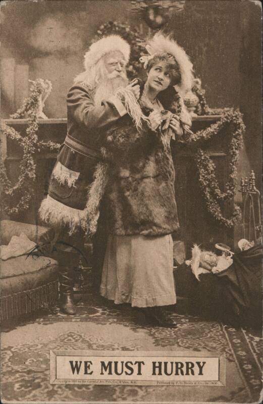 Santa Claus Embracing Woman in Fur Coat, 'We Must Hurry'