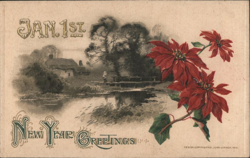 New Year Greetings, Poinsettias, Winter Cottage Scene