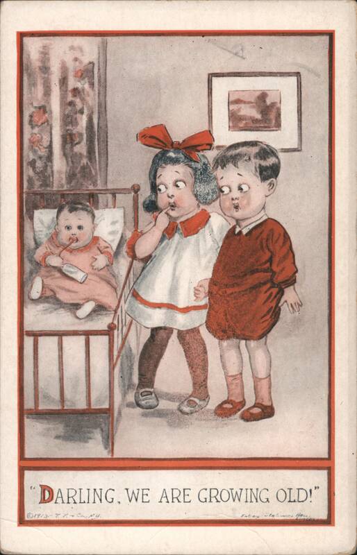 Children Looking at Baby in Crib, 'Darling, We Are Growing Old!'