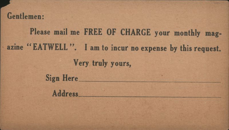 Hygienic Health Food Co. EATWELL Magazine Free Subscription Request Berkeley California