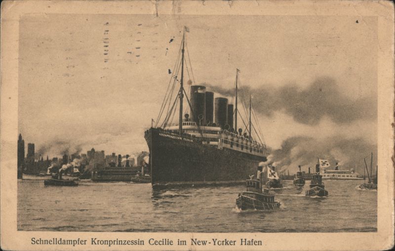 Kronprinzessin Cecilie Steamship in New York Harbor with City Skyline