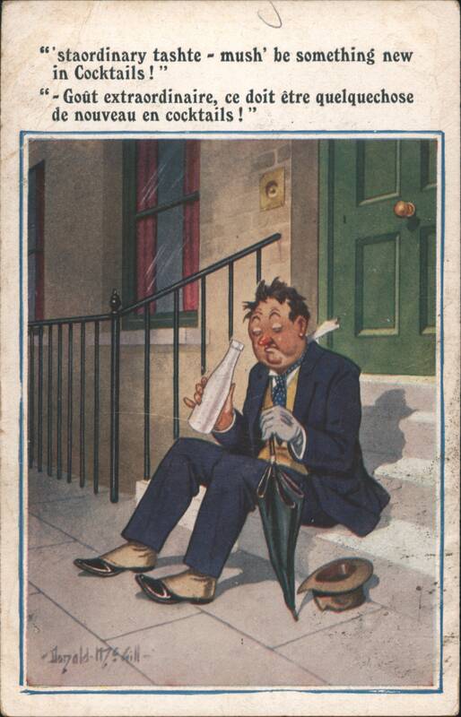 Extraordinary Taste in Cocktails: Drunk Man on Steps with Milk Bottle