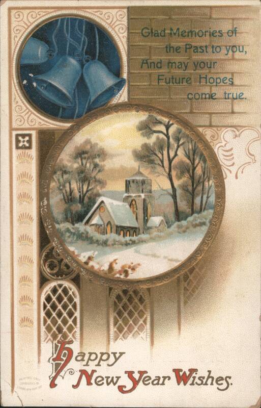 Happy New Year Wishes, Winter Church Scene with Bells