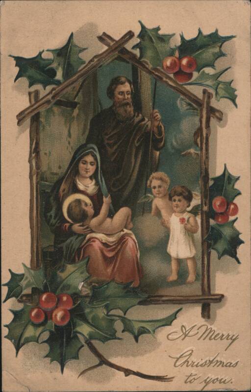 Christmas Nativity Scene with Holy Family, Angels & Holly