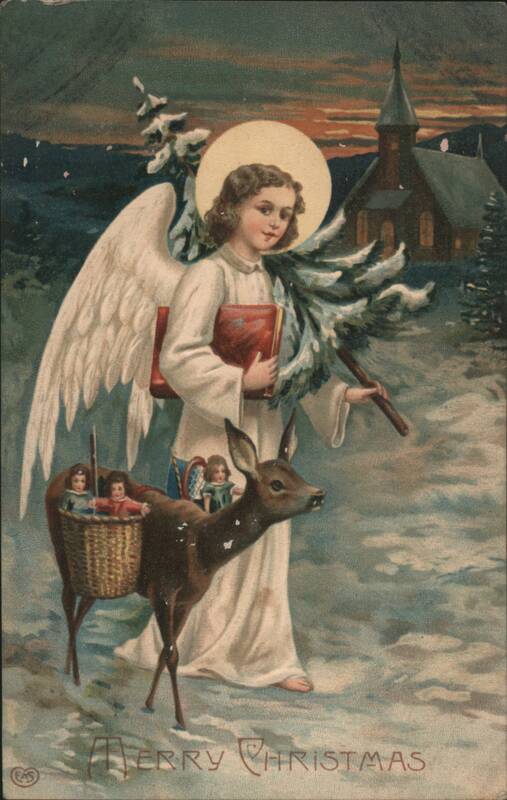 Angel with Deer, Dolls & Christmas Tree in Snow, Merry Christmas