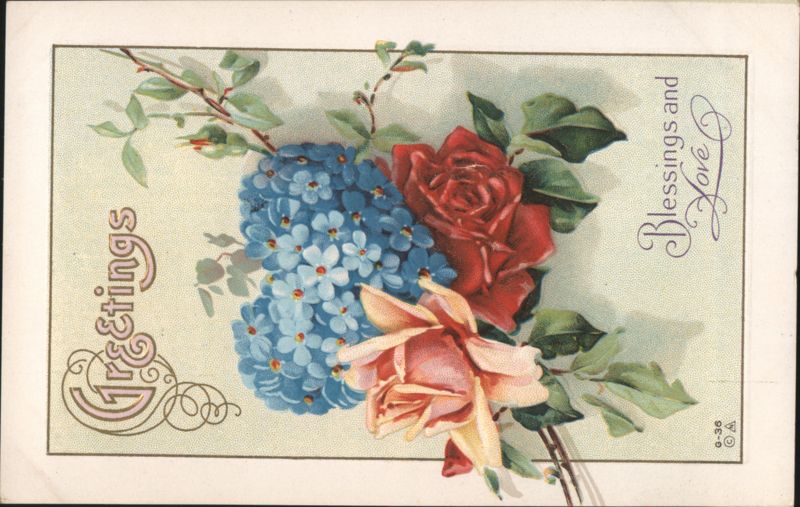 Greetings Blessings and Love with Blue Hydrangeas and Roses