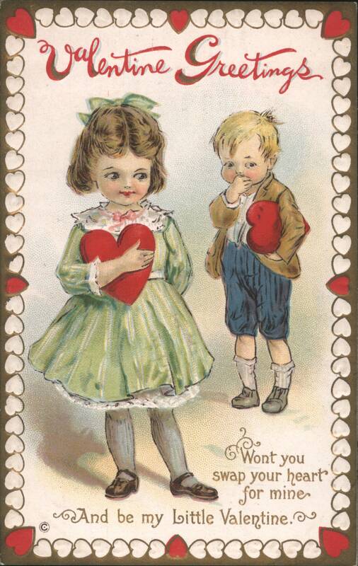 Valentine Greetings with Children Holding Hearts and Poem