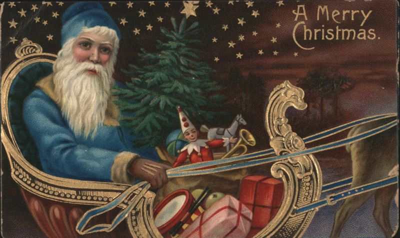 Santa Claus in Blue Coat in Sleigh with Elf, Christmas Tree & Toys