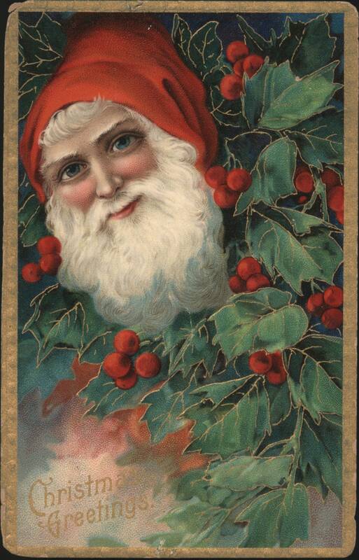 Santa Claus with Red Hat & White Beard Peeking Through Holly, Christmas Greetings