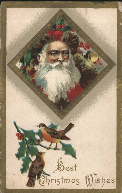 Santa Claus in Diamond Frame, Birds on Holly, Best Christmas Wishes