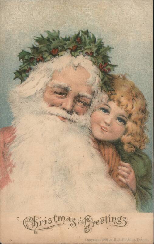 Santa Claus with Girl and Holly Wreath, Christmas Greetings