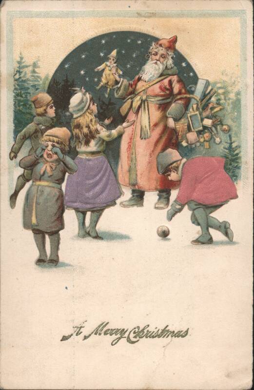 Santa Claus with Children in Snowy Landscape, A Merry Christmas