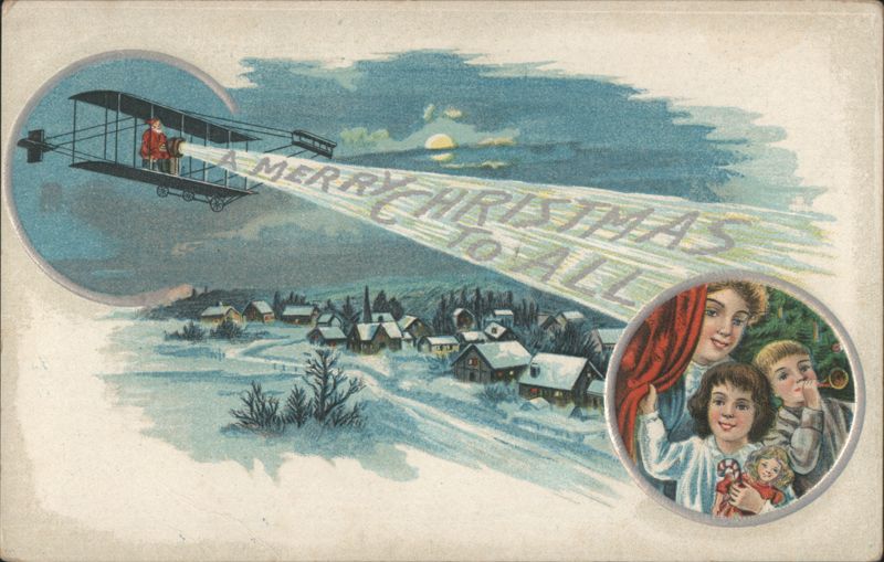 Airplane Flying Over Snowy Village, Merry Christmas to All, Children with Toys