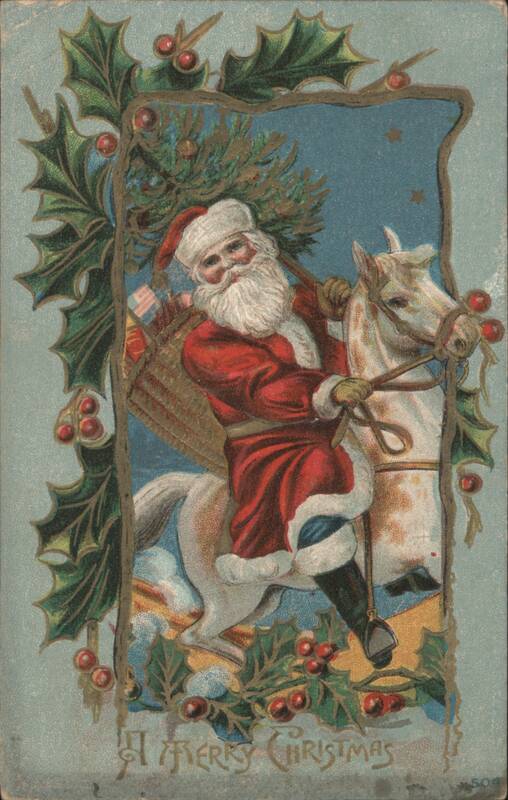 Santa Claus Riding White Horse with Gifts & Christmas Tree, Holly Frame