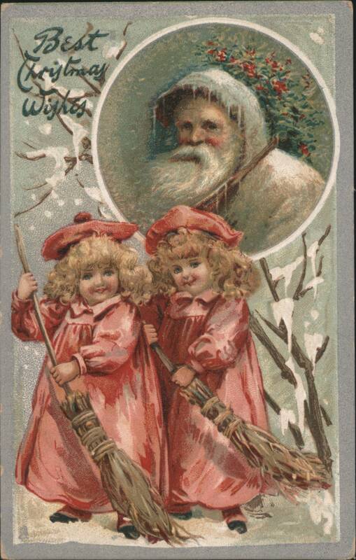 Best Christmas Wishes, Girls with Brooms and Santa Claus