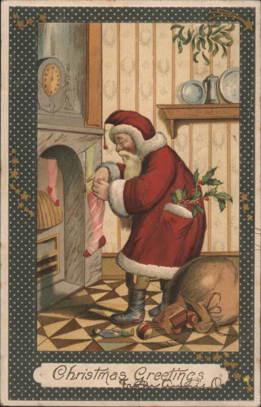 Santa Claus Filling Stockings by Fireplace, Christmas Greetings