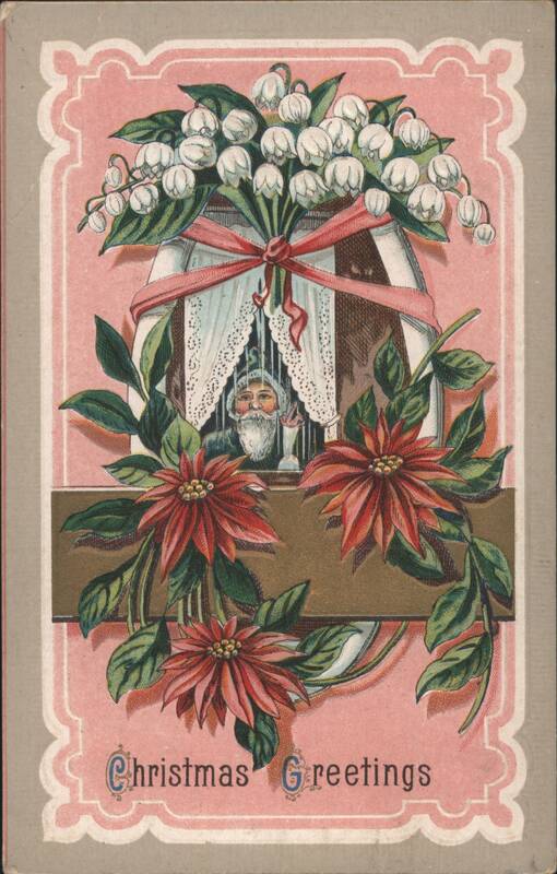 Santa Claus in Window with Lily of the Valley & Poinsettias, Christmas Greetings