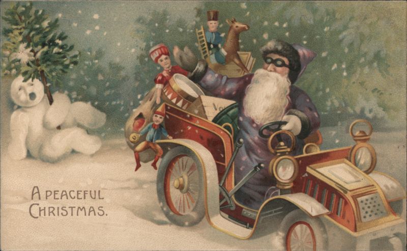 Santa Claus Driving Car with Toys & Snowman, A Peaceful Christmas
