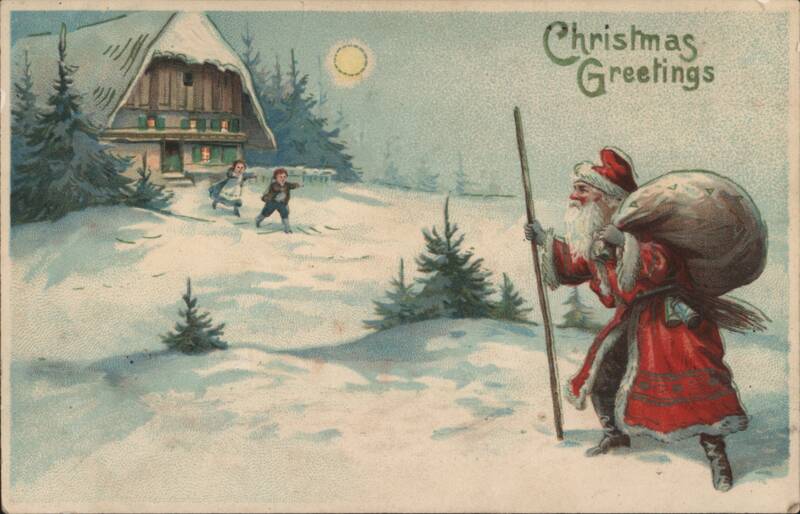 Santa Claus in Snowy Landscape with Children and House, Christmas Greetings