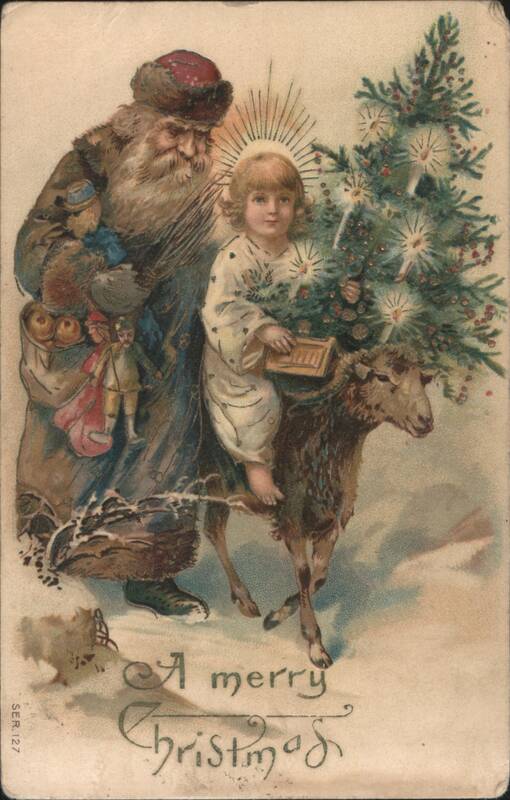 Santa Claus & Child with Christmas Tree & Goat, A Merry Christmas