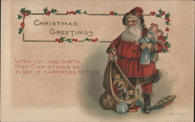 Santa Claus with Bag of Toys and Children, Christmas Greetings