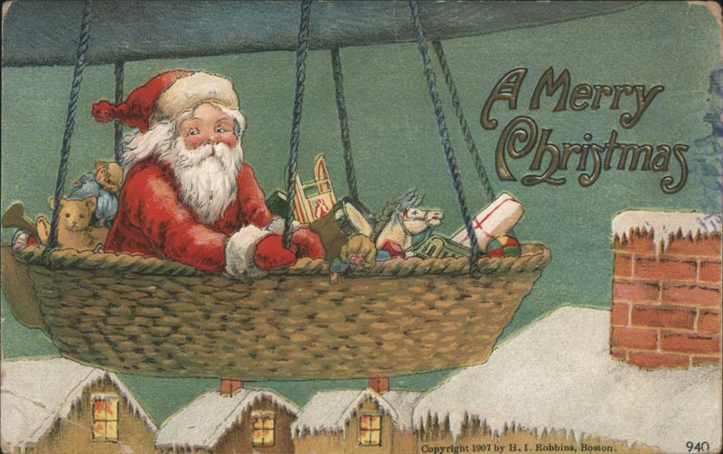 Santa Claus Flying in Basket Sleigh Over Snowy Village, Merry Christmas