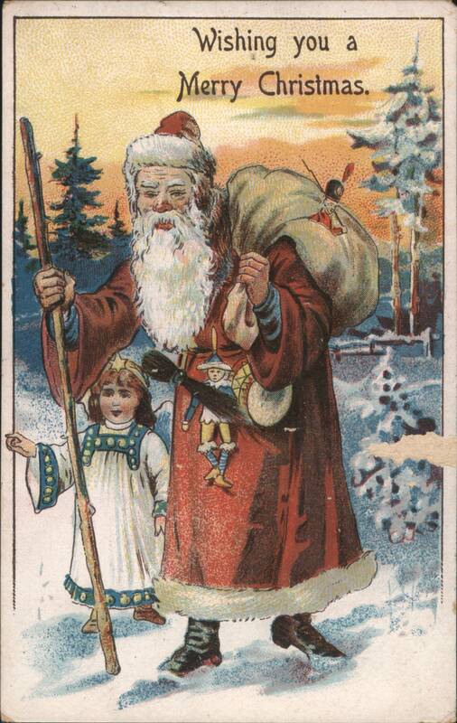 Santa Claus with Child and Toys, Wishing you a Merry Christmas