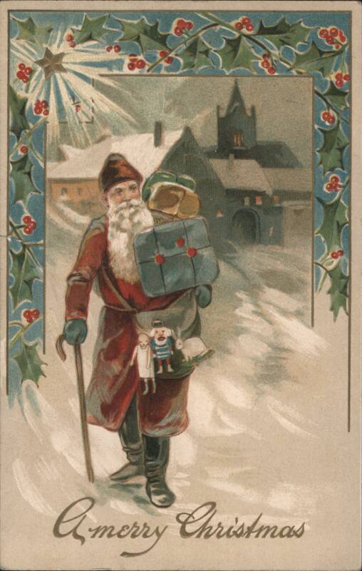 Santa Claus Delivering Toys in Snow with Holly Border