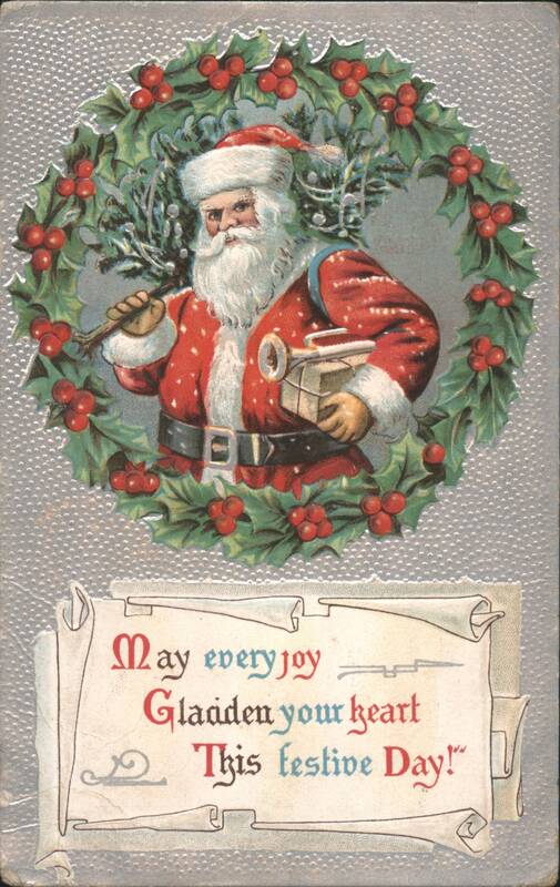 Santa Claus in Holly Wreath with Festive Greeting