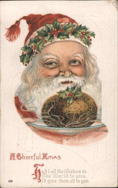 Santa Claus with White Beard Holding Christmas Pudding, Holly Wreath