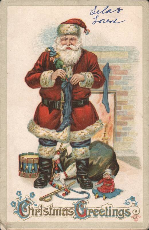 Santa Claus with Elf & Toys, Christmas Greetings