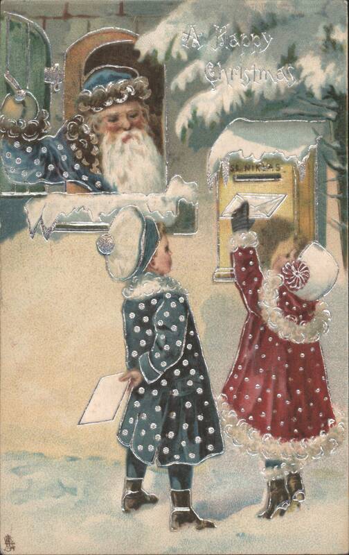 Santa Claus watches children mail letters to St. Niklas for Christmas