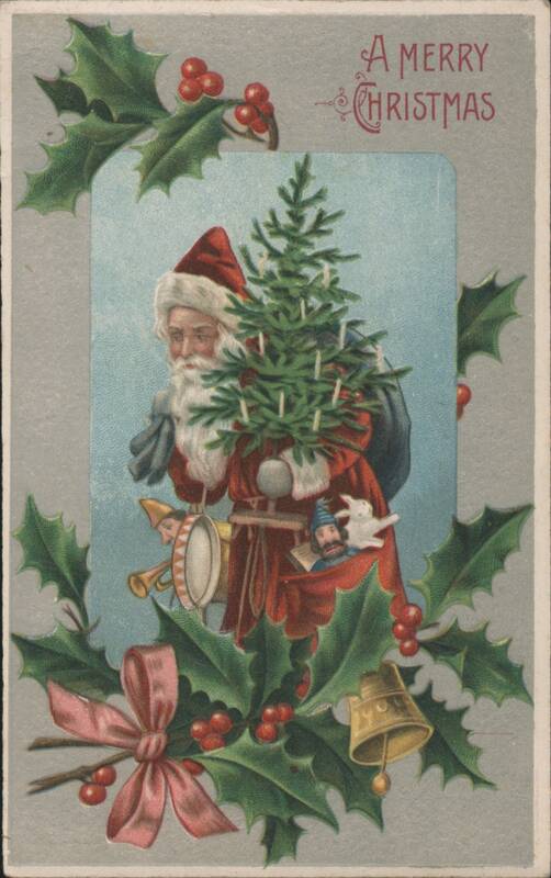 Santa Claus with Christmas Tree & Toys, Holly & Bell