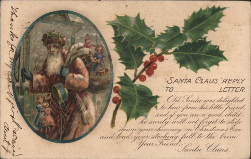 Santa Claus with Holly & Berries Christmas Greeting