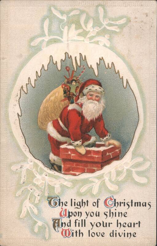 Santa Claus Descending Chimney with Sack of Toys, Christmas Greeting