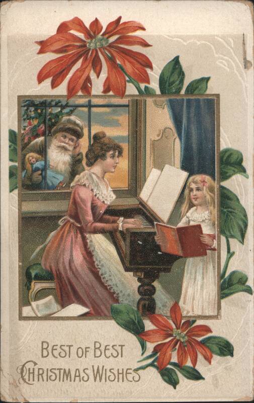 Woman Playing Piano, Girl Reading, Santa Claus Peeking, Christmas