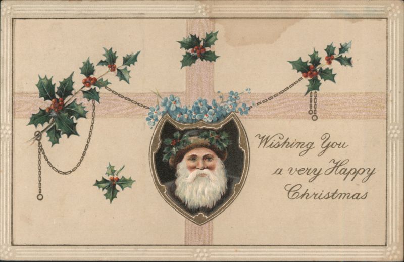 Santa Claus Portrait with Holly & Forget-Me-Nots, Christmas Greeting Germany