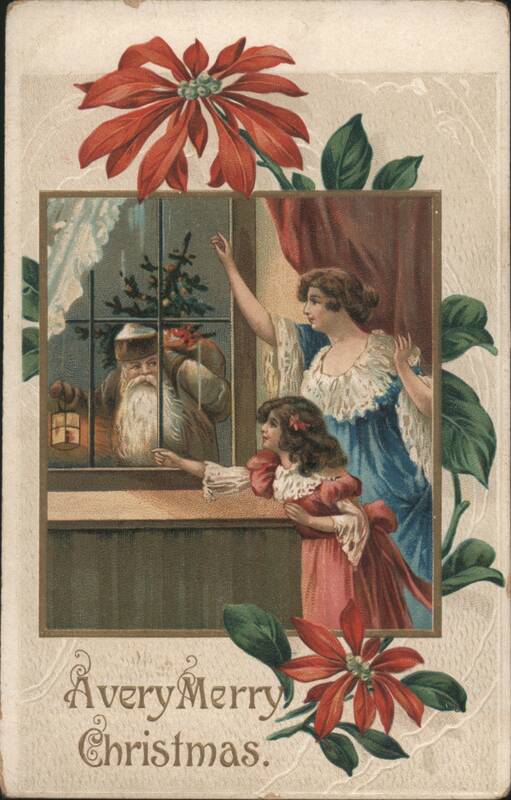 Santa Claus at Window with Woman & Girl, Poinsettias, Christmas Greeting