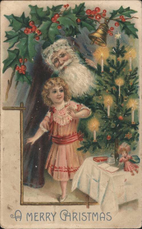A Merry Christmas: Girl with Santa Claus and Decorated Tree