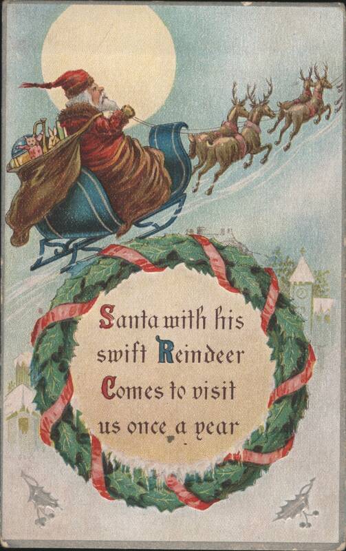 Santa Claus in Sleigh with Reindeer over Snowy Village