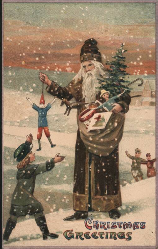 Santa Claus Delivering Toys to Children in Snow, Christmas Greetings