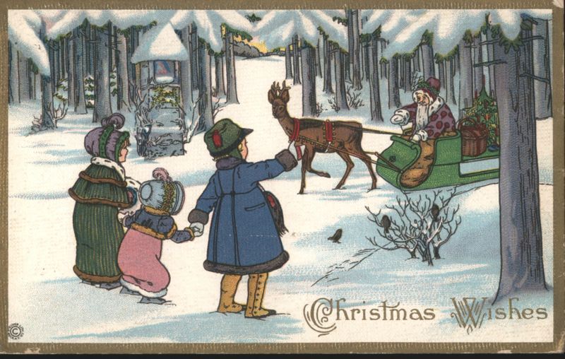 Christmas Wishes: Children, Santa, Deer & Sleigh in Snowy Forest